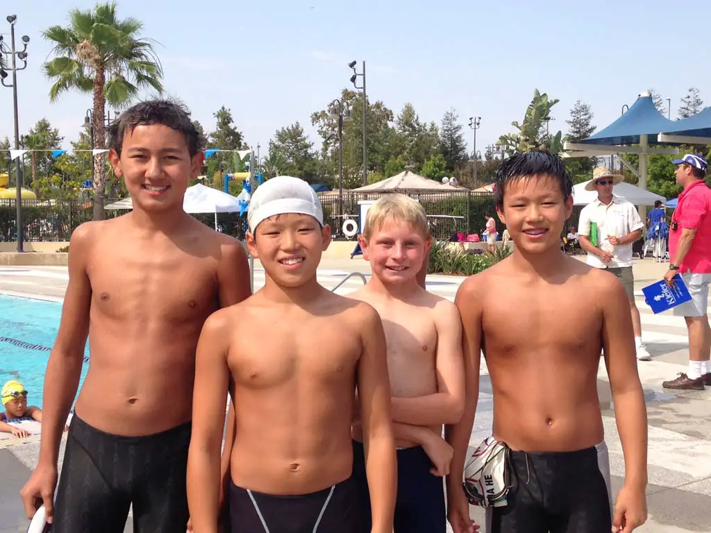 June Age Group tournament relay swimmers from the Rancho San Dieguito swim team, from left, include Jeremy Berman, Kaito Koyama, Drew Schmidt and Joshua He. Courtesy photo