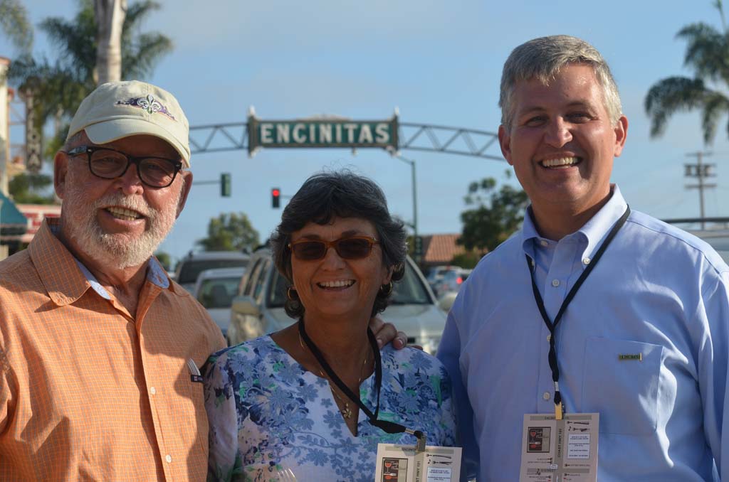 From left: Don Barth, Encinitas Mayor Teresa Barth and District 3 Supervisor Dave Roberts head down to sample some of the menus offered along Coast Highway 101. Photo by Tony Cagala