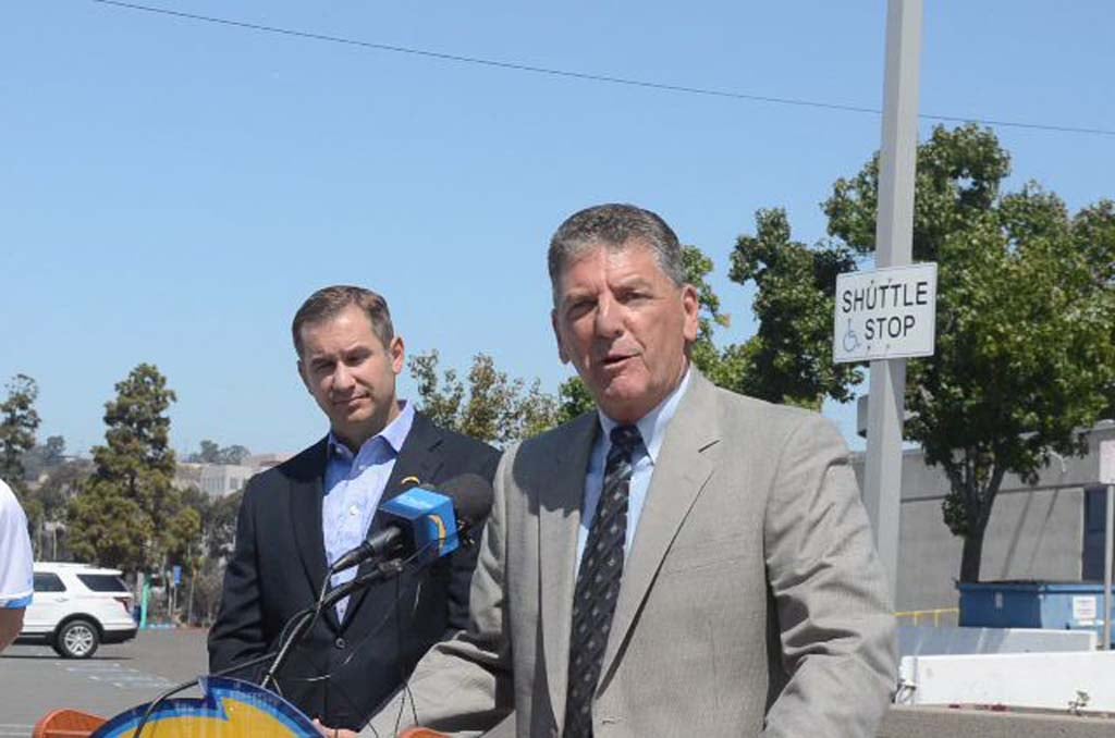 Chargers CEO A.G. Spanos, left, and Vince delaMontaigne, NFL security representative for San Diego hold a press conference on Monday to let fans know of the new bag policy that is in place. Effective immediately, only clear bags will be allowed to pass through stadium security. Photo by Tony Cagala