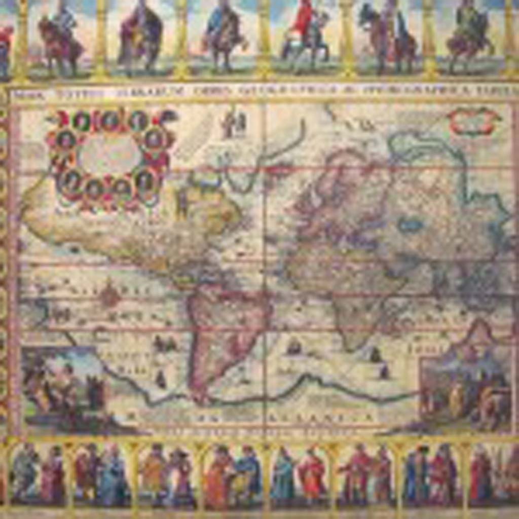 This colorful, detailed map of the world as cartographers thought it to be in 1632 is amazingly accurate for the time. In the top left corner of the map are portraits of great explorers, and in the lower left corner, Adam and Eve. (Courtesy photo)