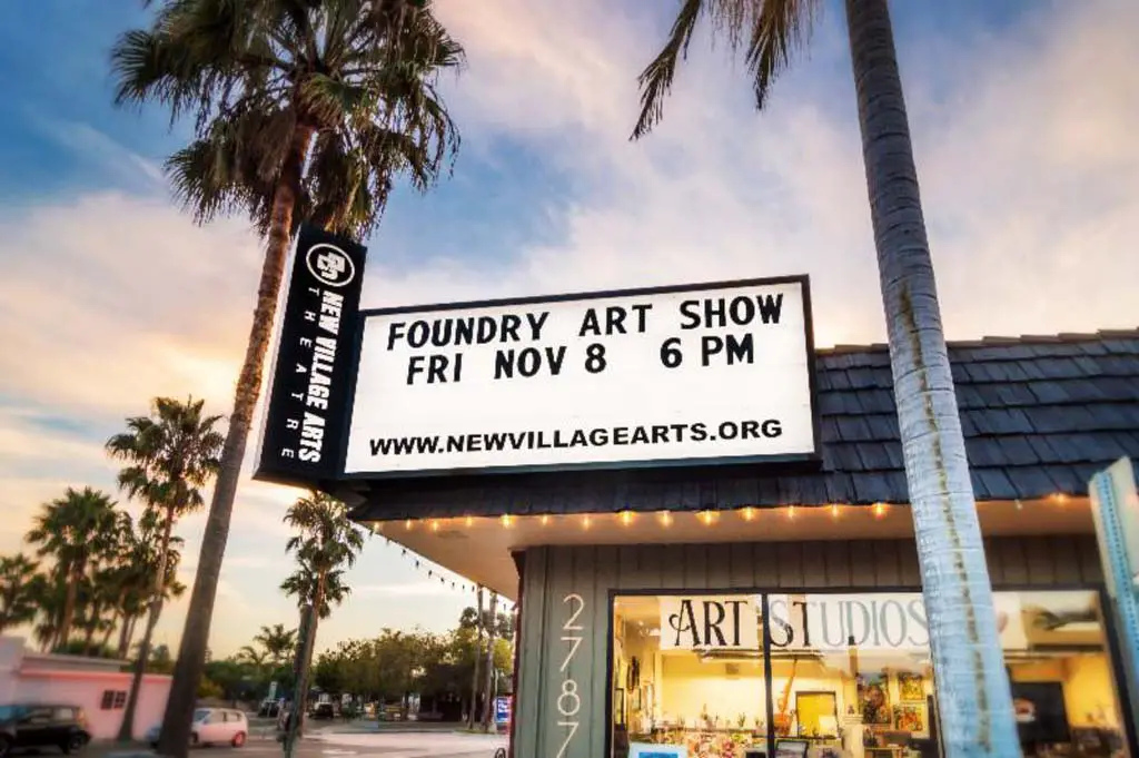 With a little help from their friends, New Village Arts Theatre in Carlsbad, now has a bright, lighted marquee above its new home. Photo courtesy of Ben Swanson