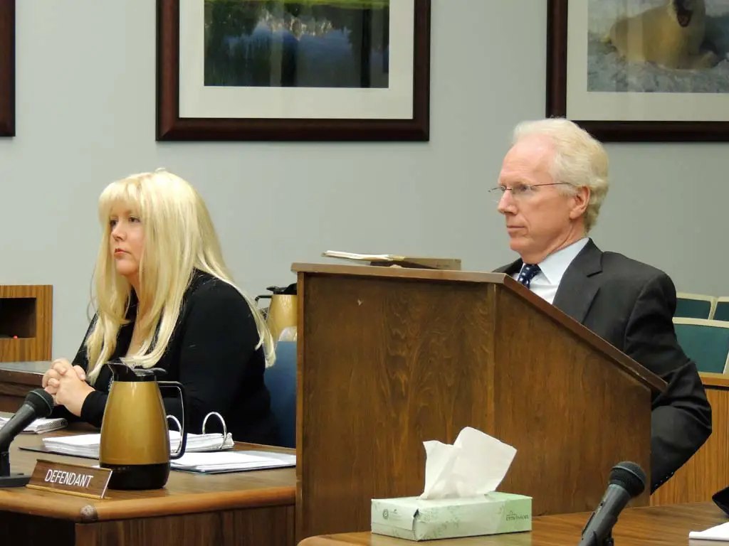 Former San Diego County District Attorney Paul Pfingst, right, repeatedly called accusations that he improperly altered evidence during the investigation of Jason Harper’s murder “phony” during a Nov. 22 court hearing. He is representing Julie Harper, left, who is charged with fatally shooting her husband Jason Harper last year. Photo by Rachel Stine