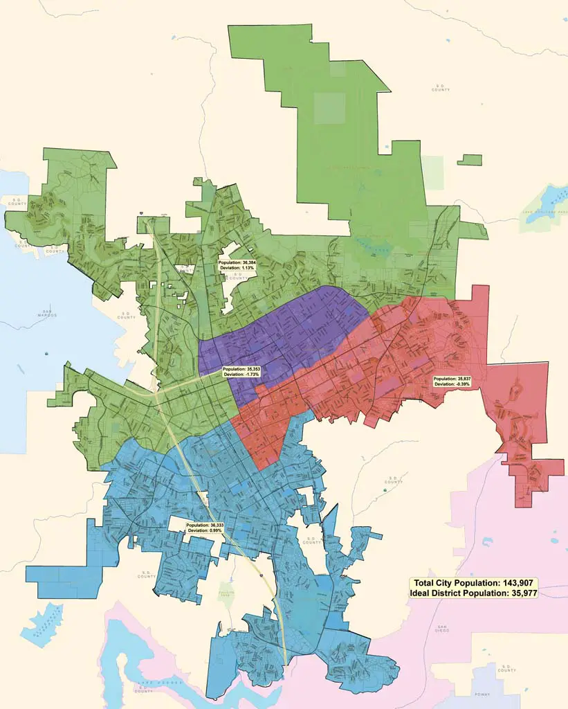 The map above shows the voting district boundaries approved by City Council. Image courtesy of the City of Escondido