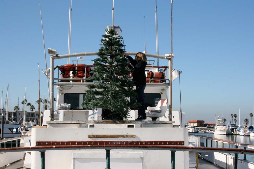 Channing Helgren, 11, decorates the Christmas tree aboard the Electra. The Parade of Lights is set to take sail Dec. 14. Photo by Promise Yee