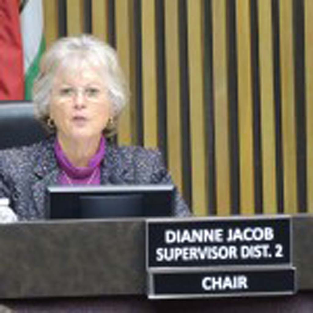County Supervisor Dianne Jacob claims that the fire prevention fee is more like a tax at the Feb. 25 Board of Supervisor’s meeting. Photo by Rachel Stine