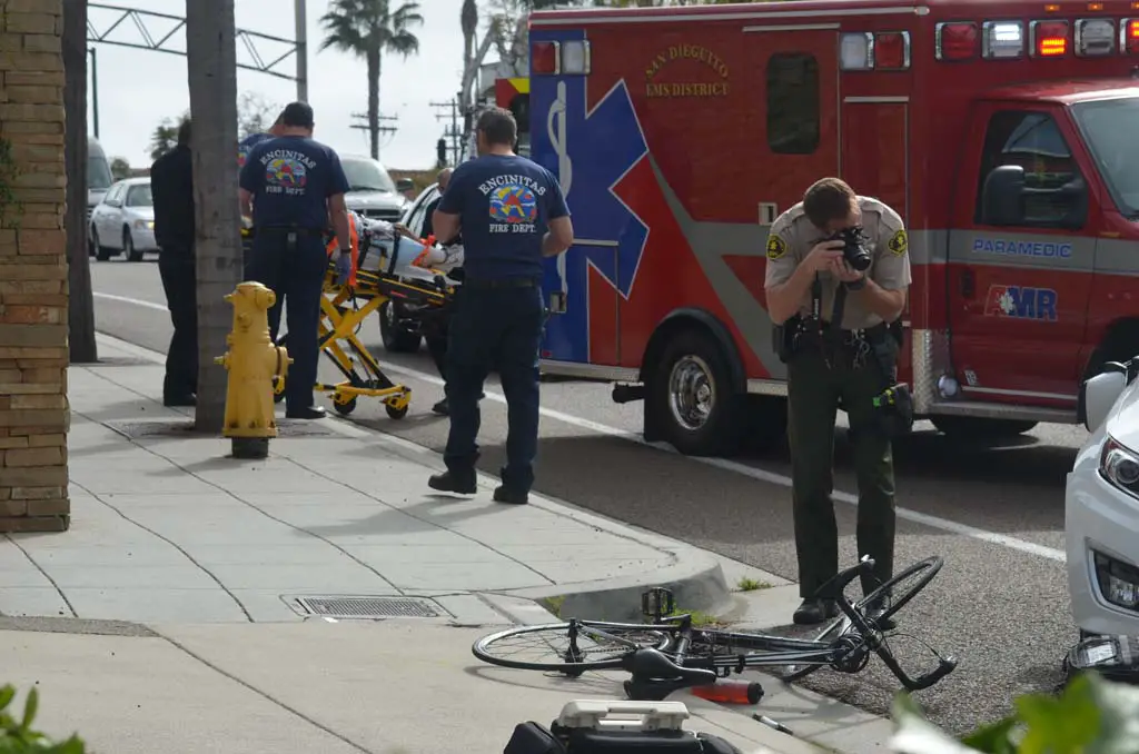 A bicyclist is being taken to Scripps Memorial Hospital Encinitas after being hit by a motorist Monday afternoon. The cyclist sustained non-life threatening injuries in the collision on N. Coast Highway 101. Photo by Tony Cagala