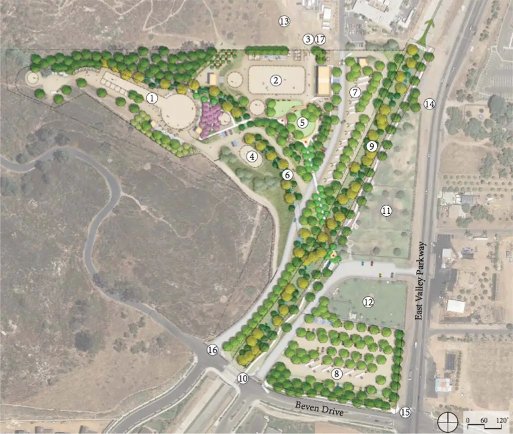 The draft master plan for the unfunded El Caballo Park includes new corrals (14), bull corrals (18), pens (19), bleachers (2), ticket booth and restrooms (4), announcer's stage (10), and band stand (11). Image courtesy of the City of Escondido and Wynn-Smith Landscape Architecture, Inc.