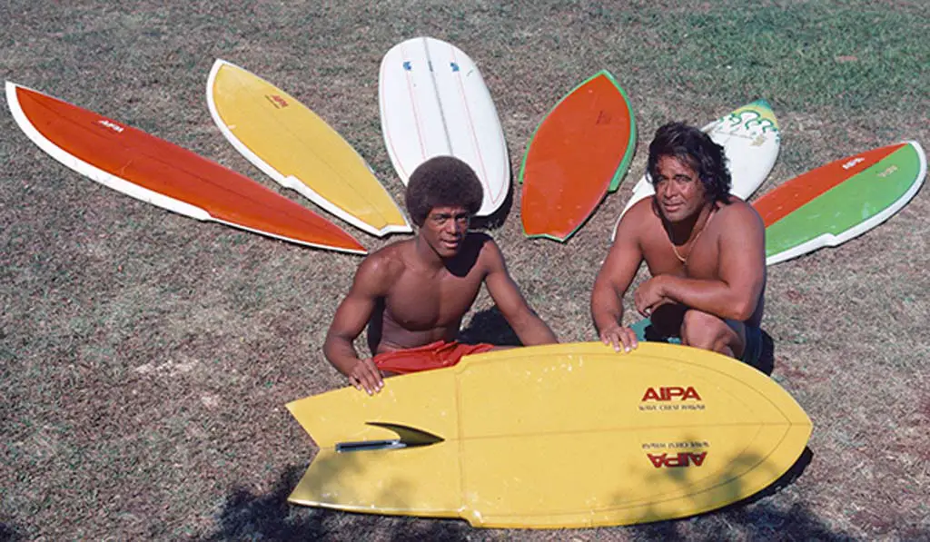 The late Buttons Kaluhiokalani, left, with his Aipa Quiver and shaper Ben Aipa. Photo by Steve Wilkings 