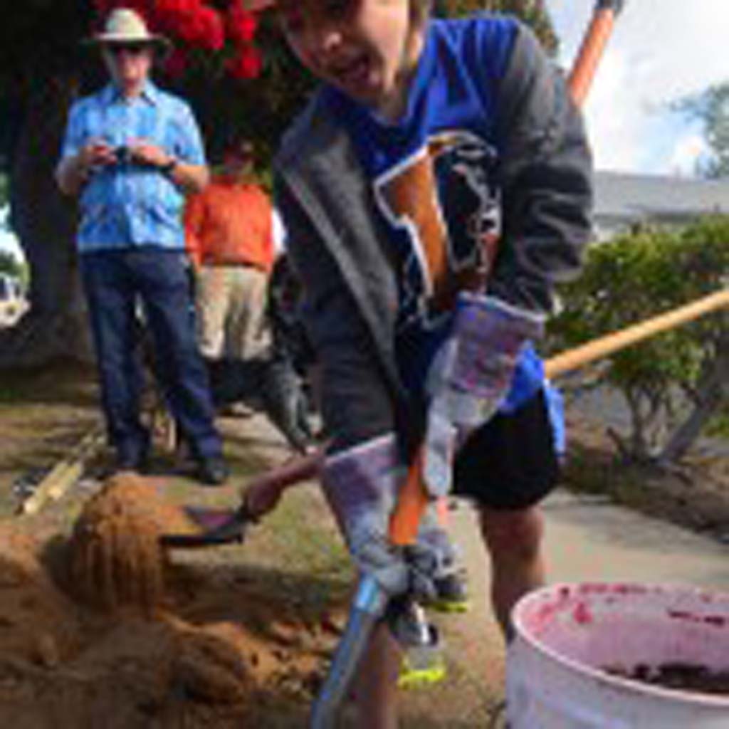 Trevor Darlington, 7, readied to shovel some fill dirt onto one of the planted trees. Photo by Tony Cagala