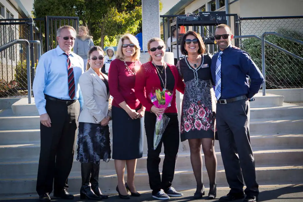 Assistant Superintendent, Personnel Services Rick Grove, CUSD Board Member Veronica Williams, Board President Ann Tanner, Teacher of the Year Maria Teran-Cruz, Superintendent Dr. Suzette Lovely, Jefferson principal Chad Lund