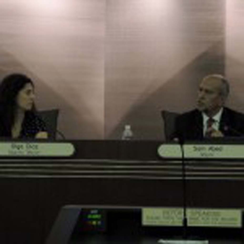 Escondido Deputy Mayor Olga Diaz, left, and Mayor Sam Abed discuss what power the City Council could have. Photo by Rachel Stine