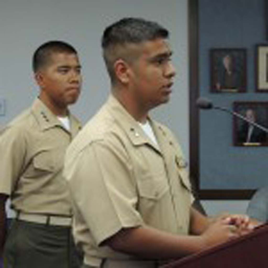MCJROTC representatives from Oceanside High School discuss the program’s achievements before the Oceanside Unified School District’s Board on May 27. Photo by Rachel Stine