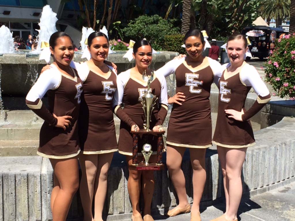 El Camino High School’s dance team the Wildcat Songleaders, pictured from left: Asia Taienao, Stella Christidis, Marissa Tan, Charlease Tyson, Erin Klaerich compete in the United Spirit Assocaion national competition in Anaheim, Calif. They competed against 200 other schools from across the country. Courtesy photo