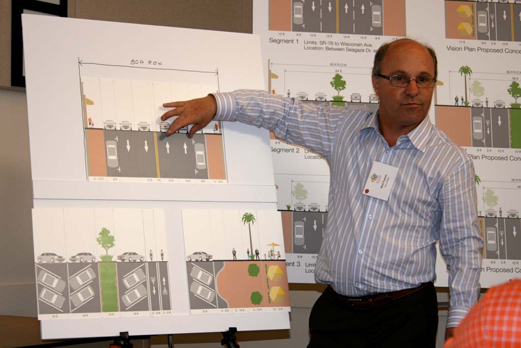 Consultant Neil Payton explains roadway options. Workshop participants designed how they would like to see Coast Highway. Photo by Promise Yee