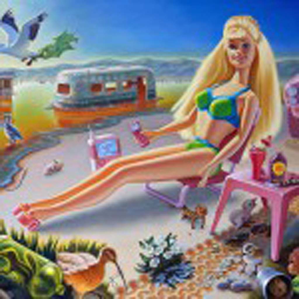 Jen Trute’s “Sunbathe Barbie at Bombay Beach” depicts the iconic doll sunbathing in a desert of decay and devastation, unconscious of the endangered plants and animals that surround her. As part of the California Dreaming Exhibition, the original painting will be on display in Italy for the month of October 2014. (Photo courtesy of the Batt Family Trust)