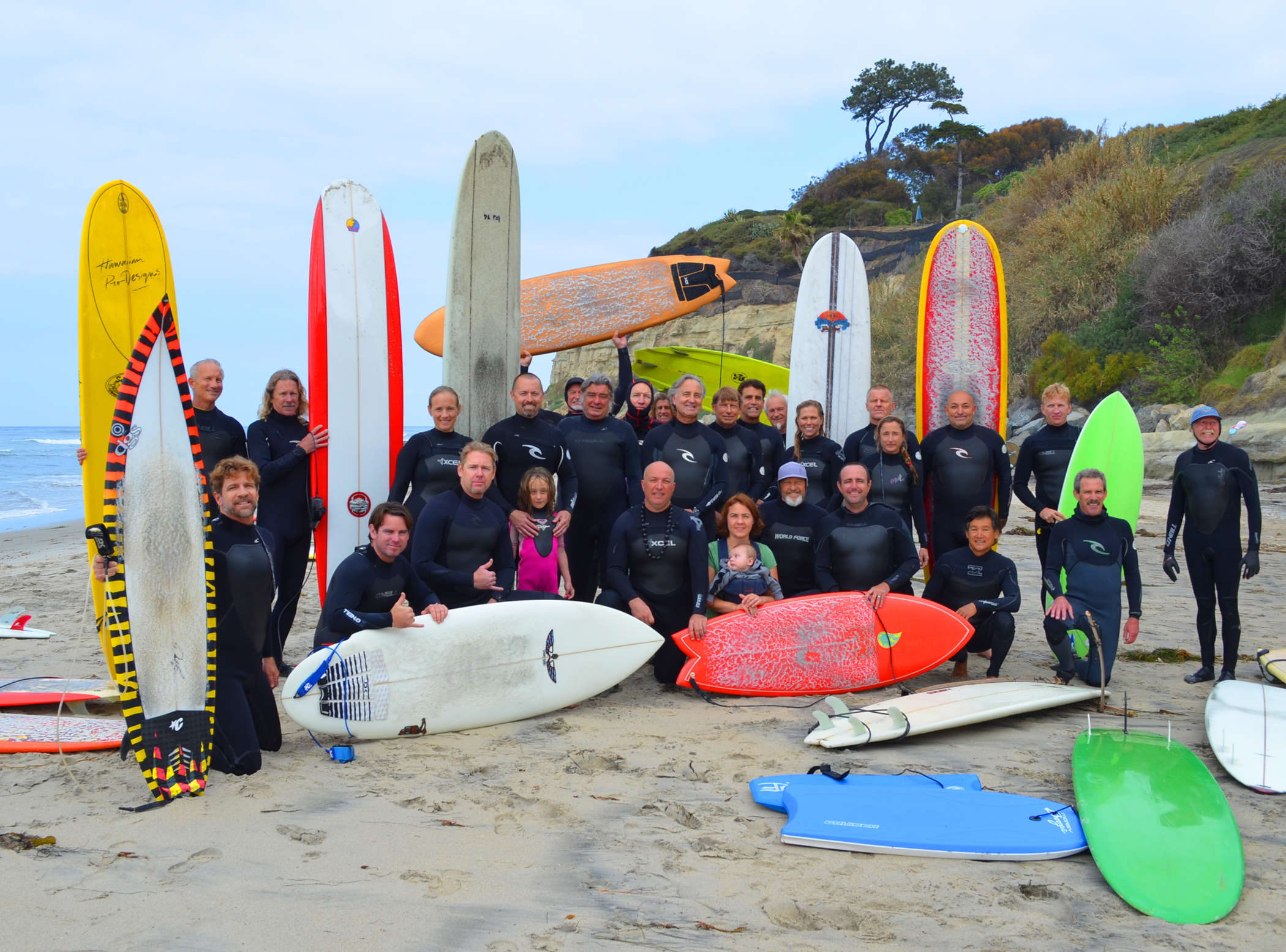 Standing fourth from right, Club President Marcelo Lobos with members of the 2013 Swami’s Surfing Association Club members. Photo by Bob Coletti