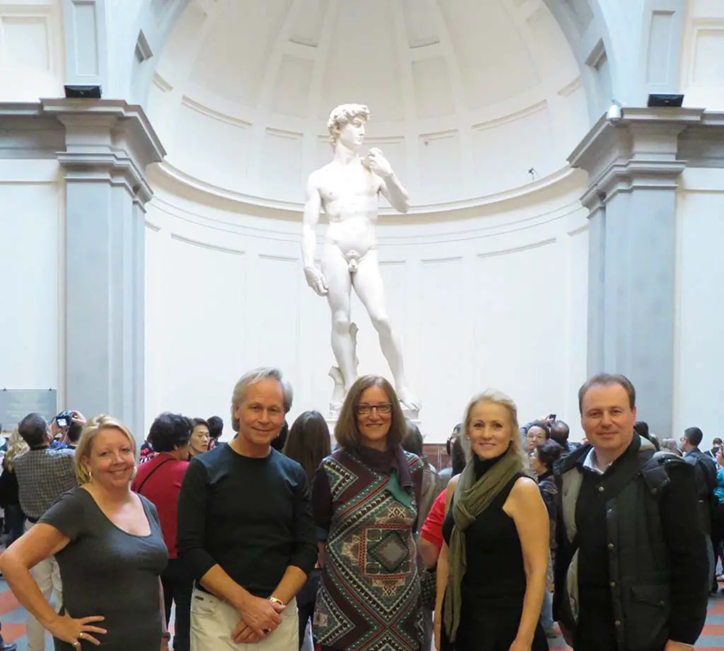 A group from OMA meets with Cinzia Parnigoni, restorer of Michelangelo’s David. From left to right: Julia Fister, Daniel Foster, Cinzia Parnigoni, Ann Hoehn, and tour organizer Giuseppe Rossi. Courtesy photo