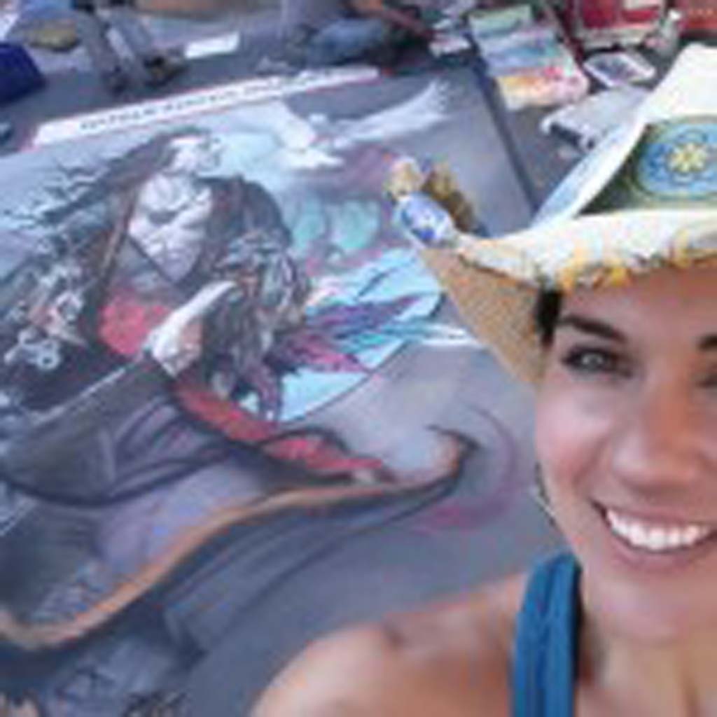 Raziah Roushan with her chalk creation at the 2014 Palo Alto Chalk festival. (“Selfie” courtesy of Raziah Roushan)