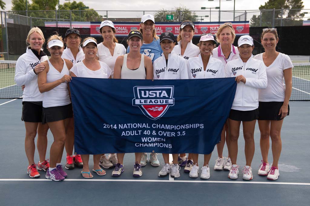 From left, USTA Southern California tennis champions include, front, Kristen Campbell Fine, Lisa Anne Pathman, Constance Malloy, Rosette Garcia, Charleen Zieky, Rose Morris and Jennifer Benshoof. Back row, Dana Fudurich, Dyana Brown, Keira Kim (Captain), Coach Caroline Vis, Dominique Alessio Nielander and Beth Karp. Courtesy photo