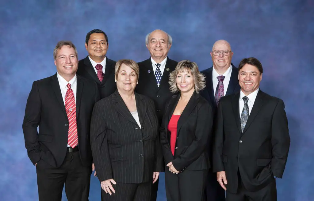 The new board of directors for the Palomar Health District determines the direction of the largest public healthcare district in California. Pictured clockwise from back left, Jeff Griffith, Hans Christian Sison, Jerry Kaufman, Ray McCune, Aeron Wickes, Dara Czerwonka and Linda Greer. Courtesy photo