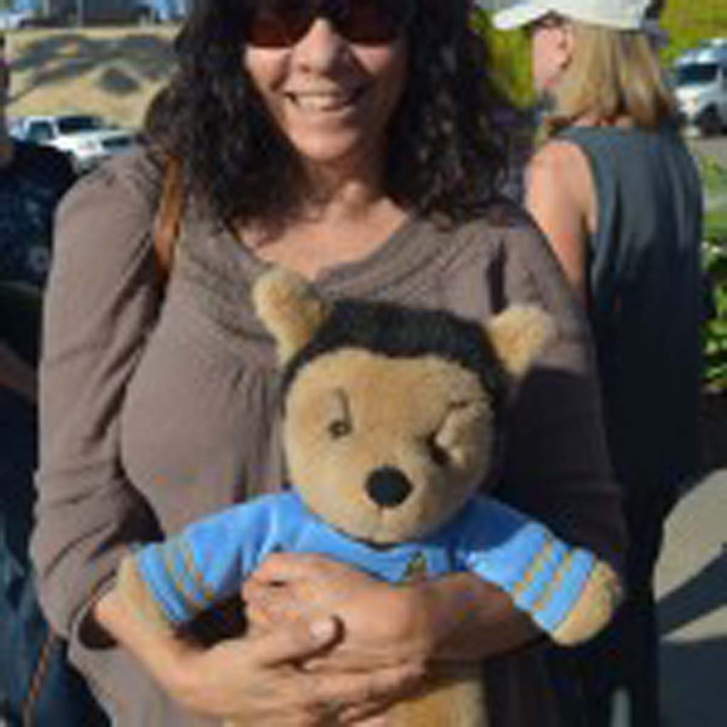 Marcia Mercurio with her stuffed Spock teddy bear at the proclamation event for Spock Block on Vulcan Avenue in Encinitas. Photo by Tony Cagala