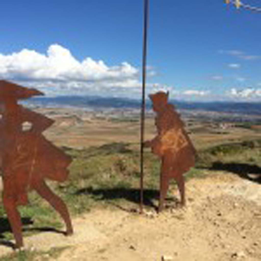 Camino pilgrims leaving Pamplona soon arrive at the Alto de Perdon (Mountain of Forgiveness) at about 2,600 feet, where they encounter these large, metal-silhouette sculptures representing pilgrims on foot and horseback. It’s a place where old meets new, Tim O’Shea explains. “You have the sculptures representing pilgrims who have traveled the Camino for a thousand years, and high-tech wind turbines that supply energy to Pamplona.”