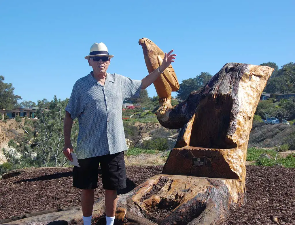 Del Mar resident David Arnold explains the process that allowed him to transform a Torrey pine tree stump into public art. Photo by Bianca Kaplanek
