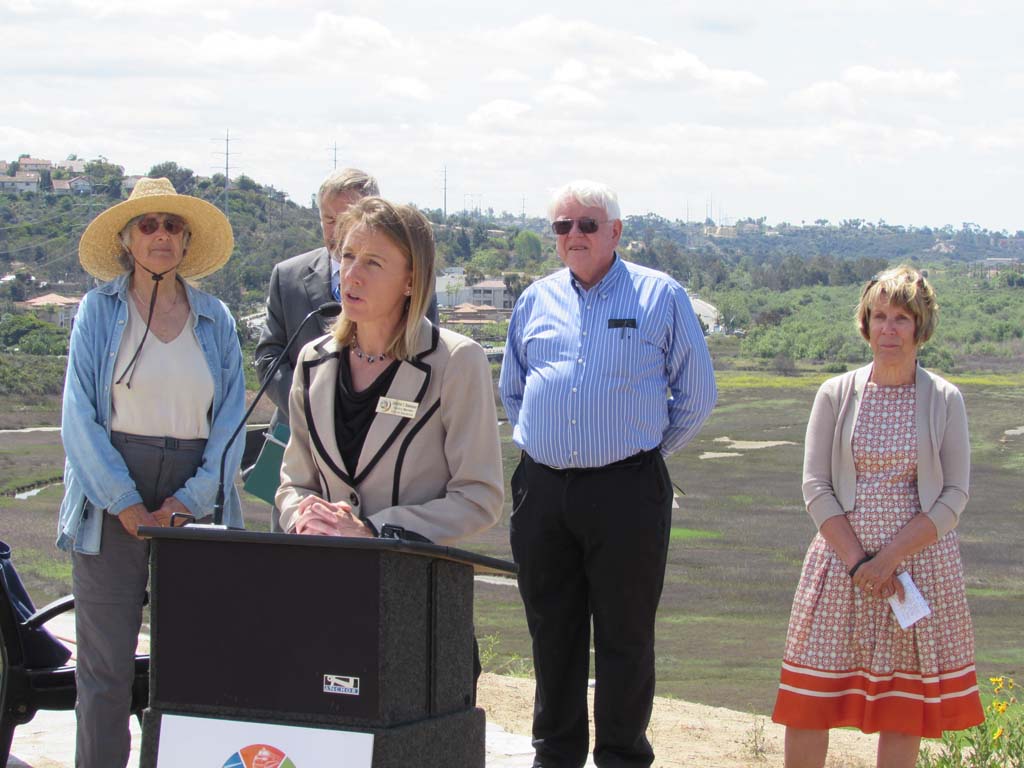Encinitas Deputy Mayor Catherine Blakespear says protecting open space is important to growing urban areas. SANDAG and CalTrans announced the $6 million purchase of 50.5 acres in the Batiquitos Lagoon on Tuesday. Photo by Ellen Wright
