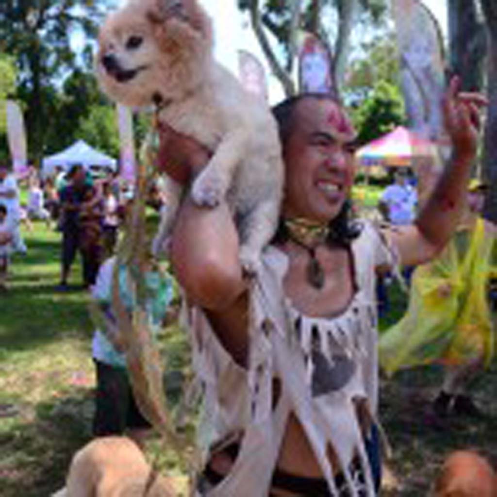 Zjar Uruluza, of Escondido, dances with Fox, one of his three dogs. Photo by Tony Cagala