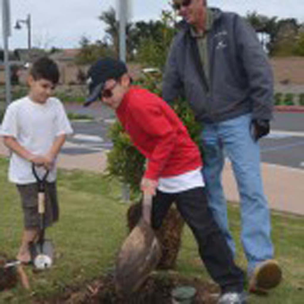 Brothers Benjamin Feura, left, and Sebastian Feura help dig out a spot for a new tree with the help of Greg Peck from SDG&E. Photo by Tony Cagala