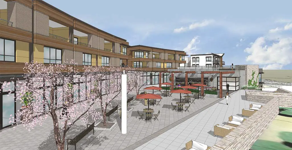The mixed-use development proposed by Shopoff Realty will have a public plaza, commercial space, restaurants and 191 apartment and luxury townhomes, if approved by local and state agencies. Courtesy rendering