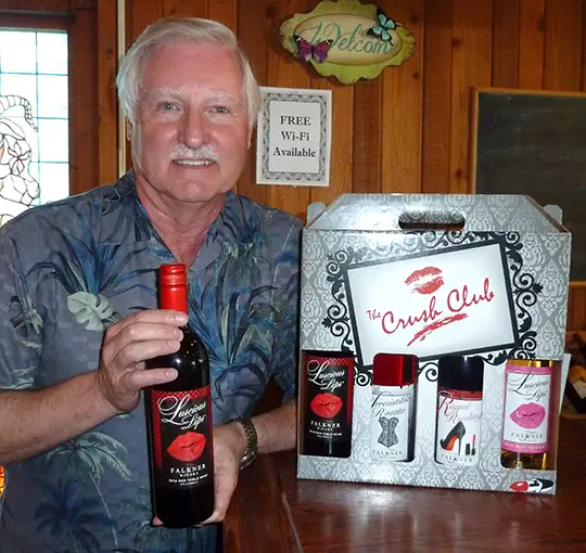 Ray Falkner of Falkner Winery in Temecula with his Luscious Lips wine, part of a “Seductive Series” four pack. Photo by Frank Mangio