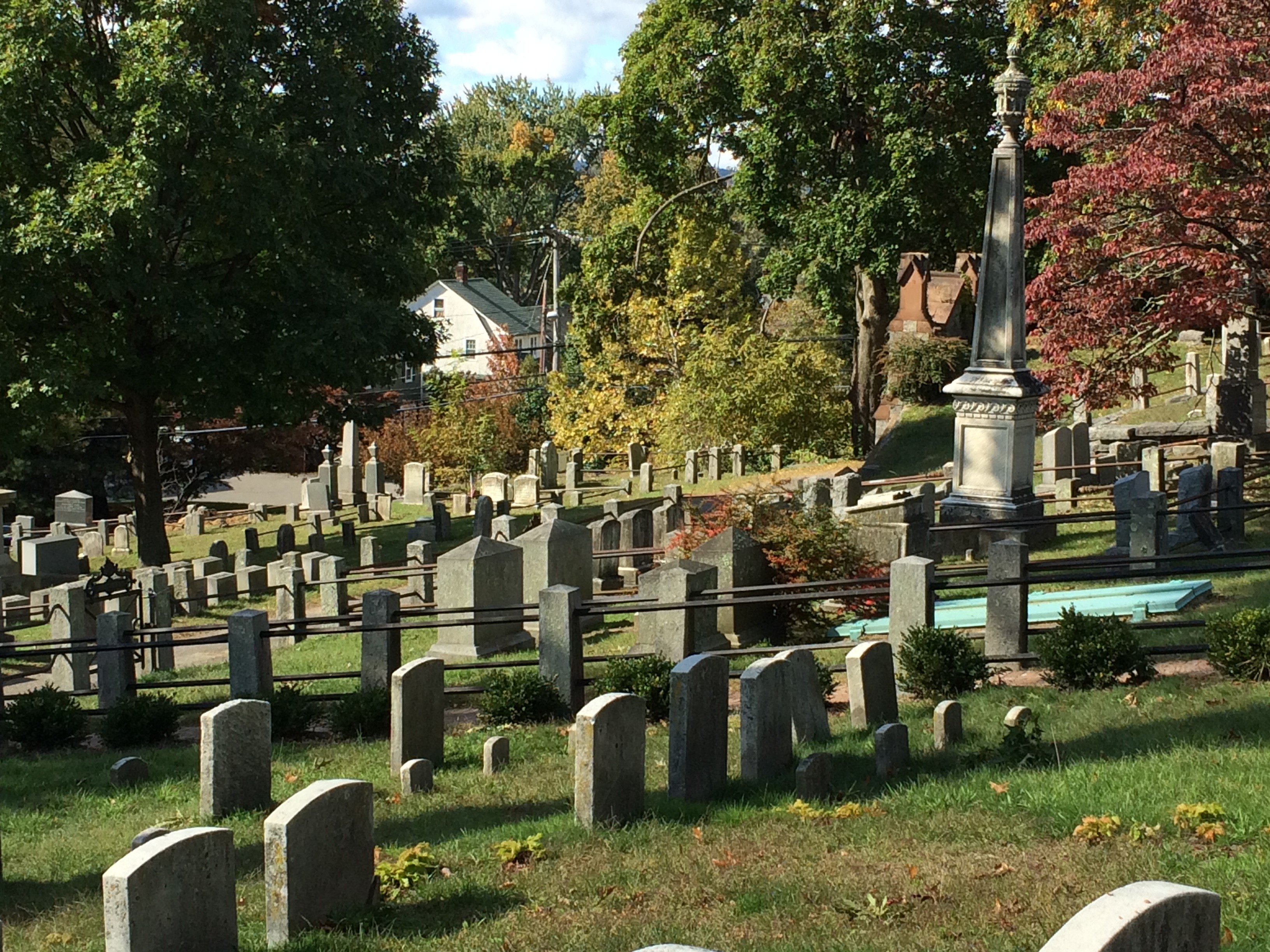 Just a few of the hundreds of graves at the 90-acre Sleepy Hollow Cemetery stand in the autumn sunshine. Some of its well known residents include Andrew Carnegie (1835-1919); Walter Chrysler (1875-1940); Samuel Gompers (1850-1924); Leona Helmsley (1920-2007); and Washington Irving (1783-1859), whose short story, “Legend of Sleepy Hollow, put the village on the map.