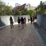 Water features like these 100-foot walls in The Park are meant to pay homage to the days when Las Vegas was a green oasis with natural bubbling springs. The flowing water creates a microclimate temperatures which can be 15 degrees to 20 degrees less than the immediate surrounding area.