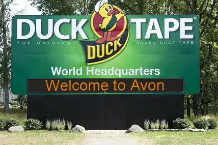 Visitors to the Duck Tape World Headquarters on Just Imagine Drive in Avon, Ohio, will see this sign (29 feet high; 40 feet wide). It marks the road leading to the distribution center that employs more than 300 people who work around the clock. [Courtesy photo]