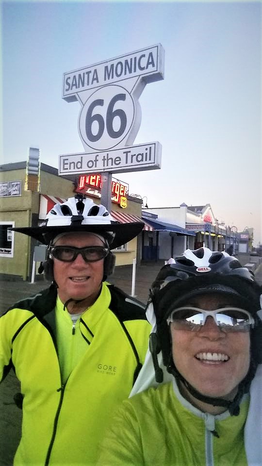 On May 1, Dan O’Neill and Jenny Lucier of Tempe, Ariz., stand at the terminus of Route 66 near the Santa Monica Pier. This is the first day of their west-to-east ride across America. Their tour will follow the old Route 66 to Chicago, as mapped out by the Adventure Cycling Association, then another route to coastal Maine. Courtesy photos