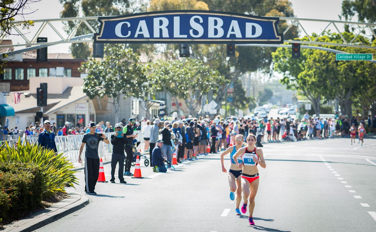 Great Britain’s Emilia Gorecka and Sarah Brown, USA, compete in the 2018 Carlsbad 5000 race.