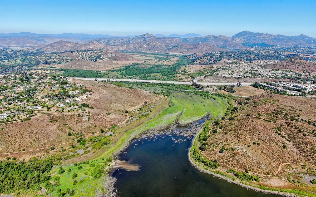 An aerial view of Lake Hodges located southeast of the city of San Marcos and other inland areas of San Diego County.