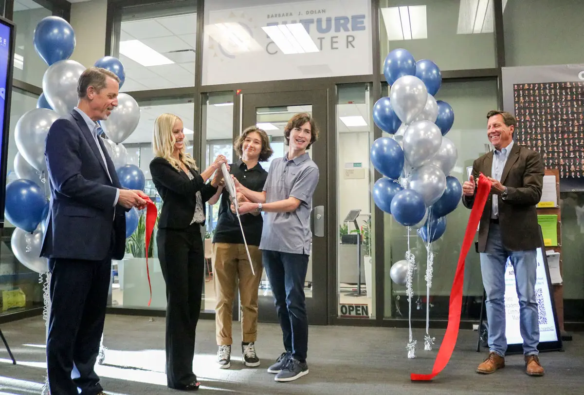 San Marcos High School students cut the ribbon to the new on-campus Barbara J. Dolan Future Center on Thursday, alongside (from left) Superintendent Andy Johnson, San Marcos Promise Executive Director Lisa Stout and San Marcos City Councilman Randy Walton.
