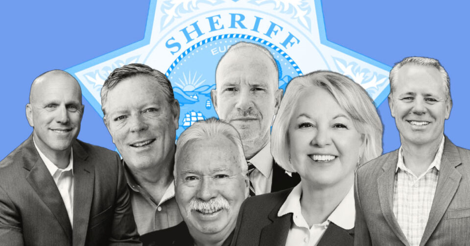 Primary candidates for Sheriff (left to right): Jonathan Peck, Dave Myers, Chuck Battle, John Hemmerling, Kelly Martinez and John Gunderson. Courtesy photo/The Coast News graphic
