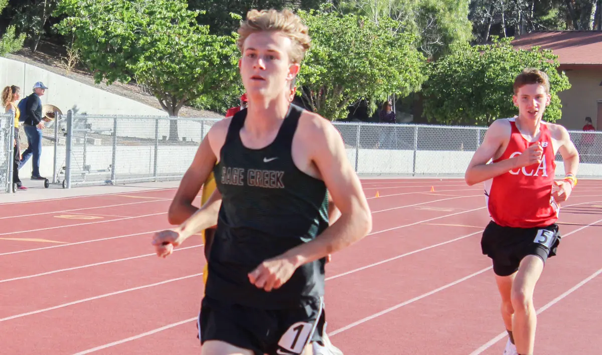 Sage Creek senior Bryce Gilmore runs the 1,600-meter race during the May 6 Coastal League meet at El Camino High School in Oceanside. Gilmore qualified for this week’s CIF SDS Division 2 Prelims and will run next year at Wake Forest. Photo by Steve Puterski 