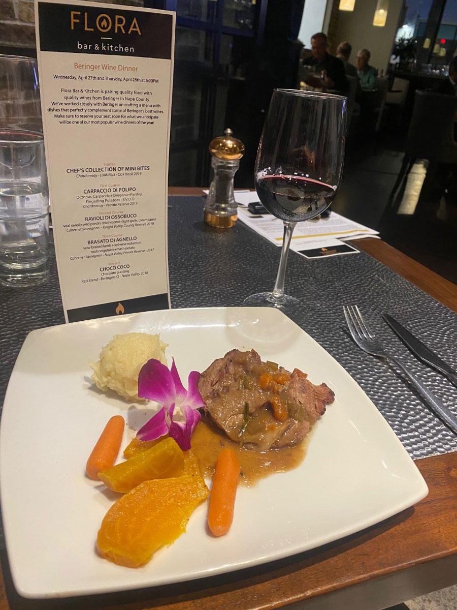 Lamb with mashed potatoes and  root vegetables paired with Beringer 2018 Private Reserve cabernet sauvignon.
