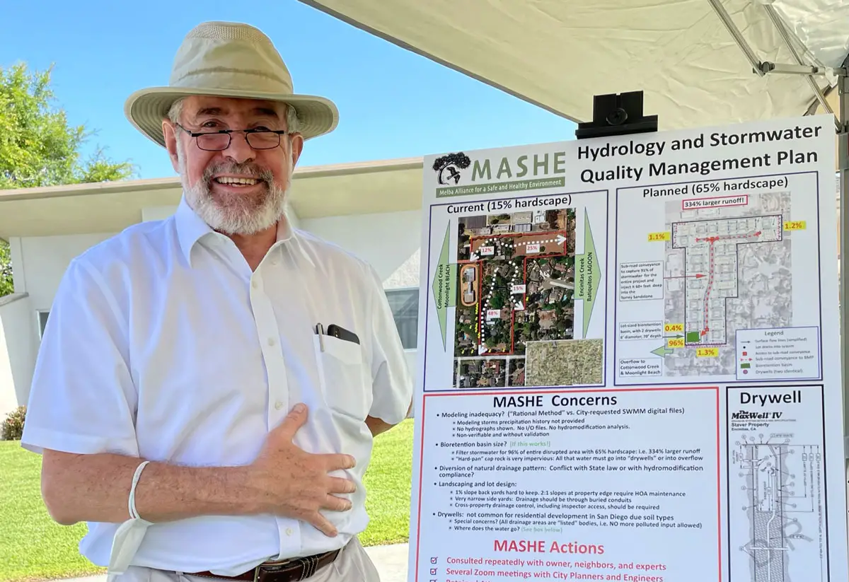 Jean-Bernard Minster, a retired geologist and Encinitas resident, stands next to a hydrology chart outlining concerns with the proposed Torrey Crest development during an April 30 event at Bethlehem Lutheran Church in Encinitas.
