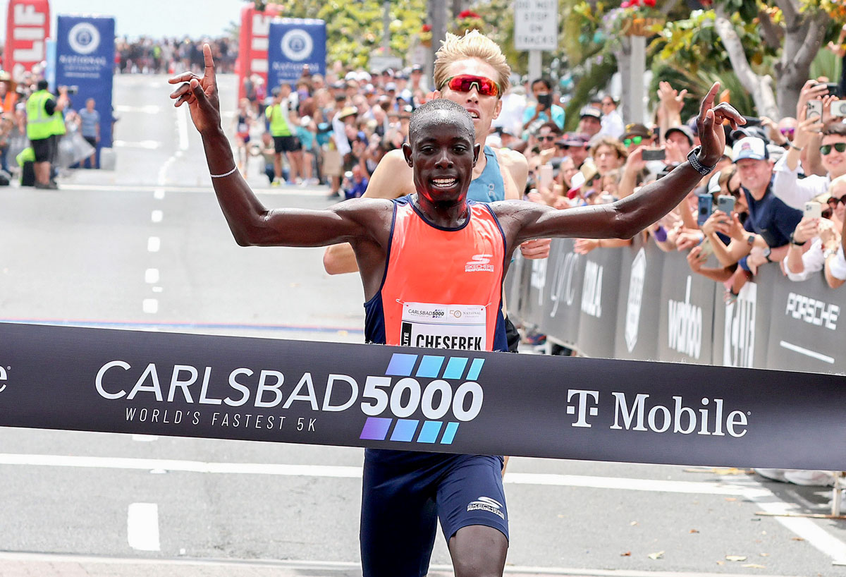 After a three-year pause, Kenya's Ed Cheserek defended his title after claiming his second-straight Carlsbad 5000 on Sunday in downtown Carlsbad. Photo courtesy of Carlsbad 5000