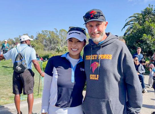 Torrey Pines golf coach Chris Drake often runs into former players, including LPGA pro Muni He at the recent JTBC Classic in Carlsbad. Courtesy photo
