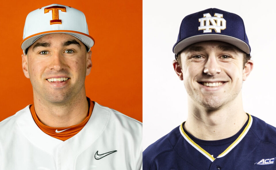 Carlsbad residents Murphy Stehly, left, and Zack Prajzner will be facing off against each other in tonight's College World Series matchup between Notre Dame and Texas. Courtesy photos/Texas/Notre Dame