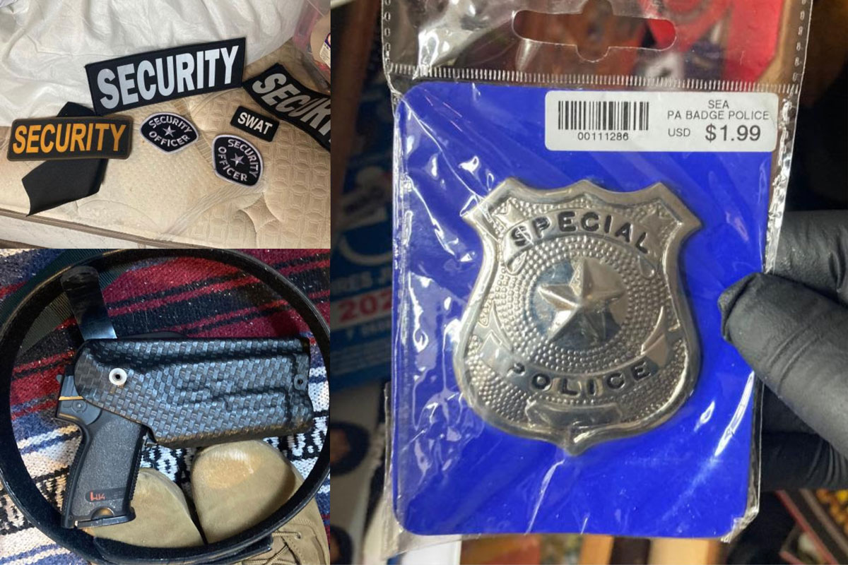 Law enforcement discovered fake badges and patches and replica firearms during a search of Carmichael's home on Monday in Oceanside. Photo courtesy of San Diego County Sheriff’s Department