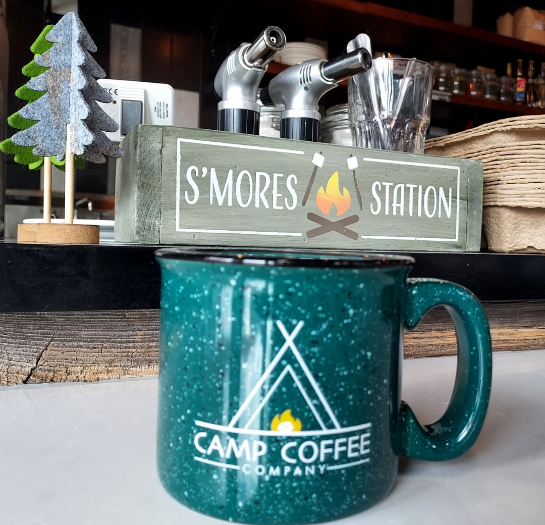 A s’mores station for Camp Coffee Company's Camp Mocha, a latte topped with toasted marshmallows. Photo by Ryan Woldt