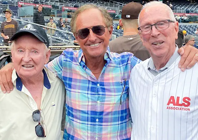 Some of North County’ most famous sports figures were on hand as the Padres celebrated Lou Gehrig Day on Monday and raised funds to fight ALS. From left: Carlsbad’s Rod Laver and Fred Lynn and Rancho Santa Fe’s Steve Fisher. Fisher threw out out the first pitch. Photo by Jay Paris