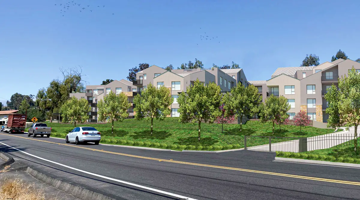 A rendering depicting the amended plans for the Encinitas Boulevard Apartments in Olivenhain, also known as the Goodson Project. Courtesy rendering